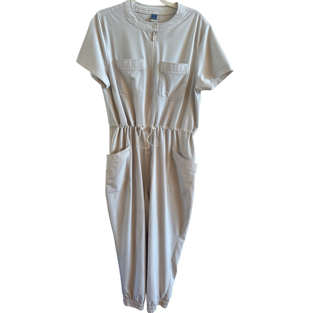 Stretch Tech Gray Large Woman's Jumpsuit Short Sleeves Gathered Hem Drawstring